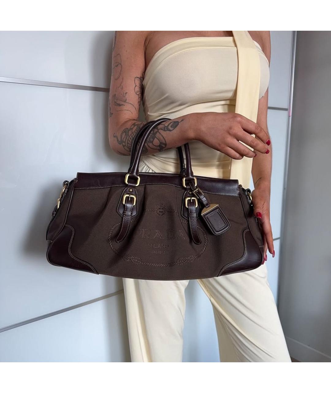 PRADA Коричневая тканевая сумка с короткими ручками, фото 7