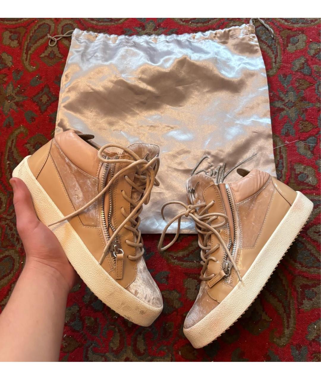 GIUSEPPE ZANOTTI DESIGN Бежевые бархатные кеды, фото 6