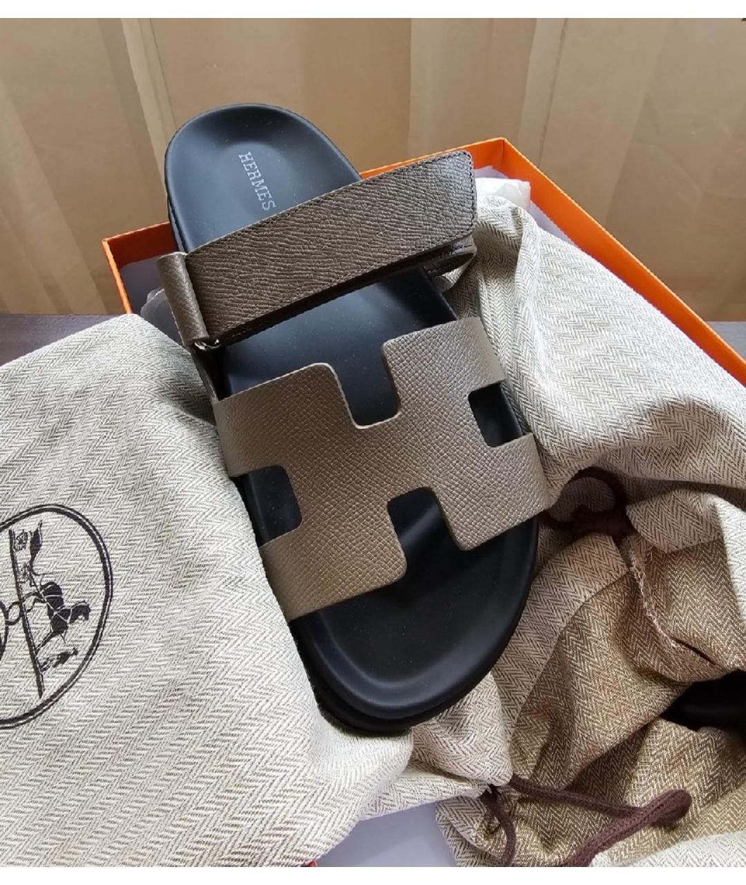 HERMES Коричневые кожаные шлепанцы, фото 7