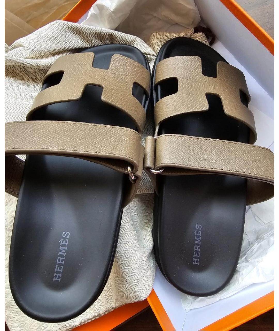 HERMES Коричневые кожаные шлепанцы, фото 5