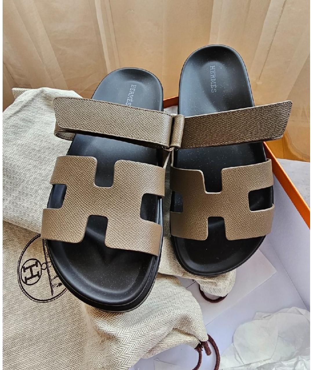 HERMES Коричневые кожаные шлепанцы, фото 3