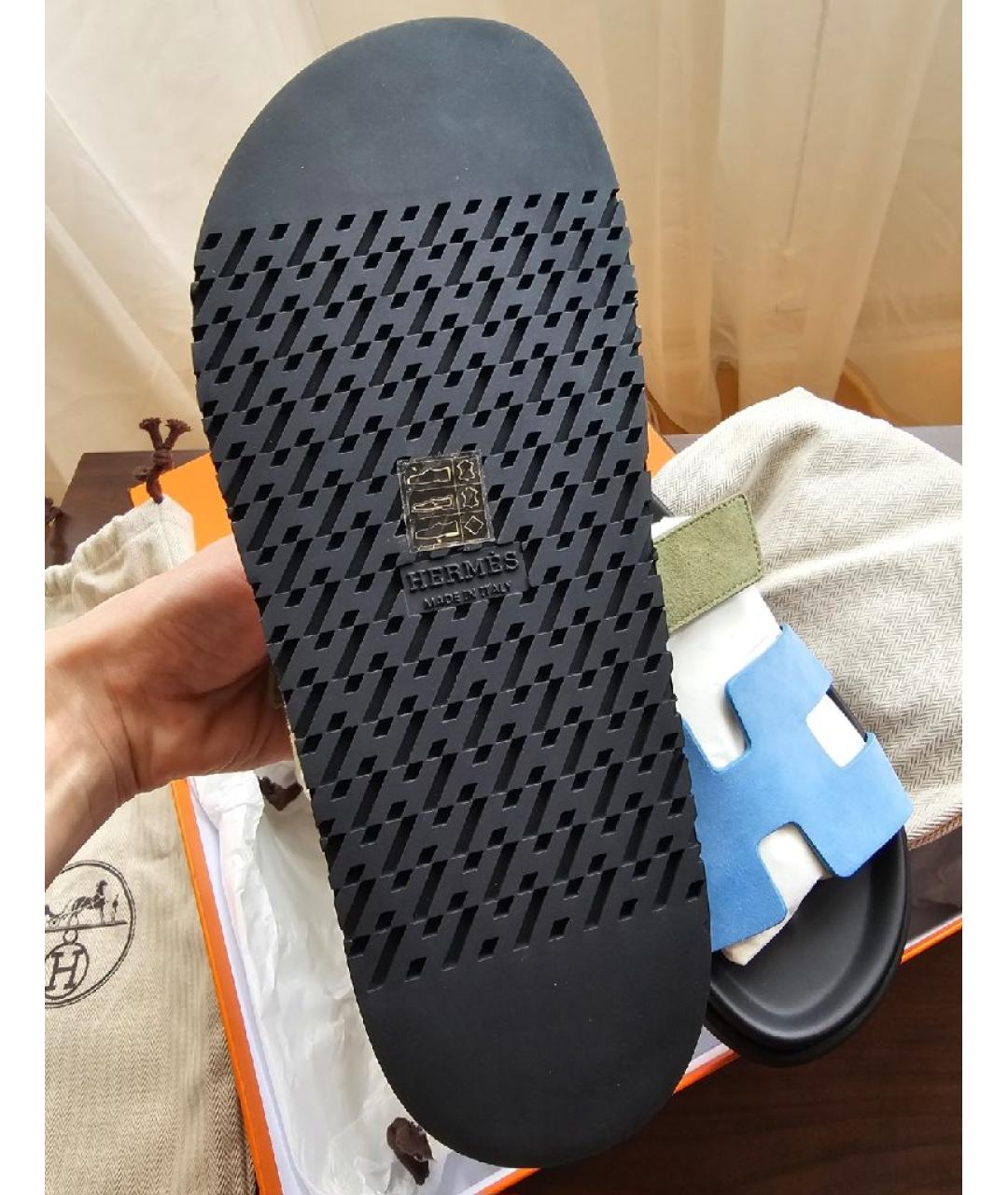 HERMES Голубые замшевые шлепанцы, фото 4