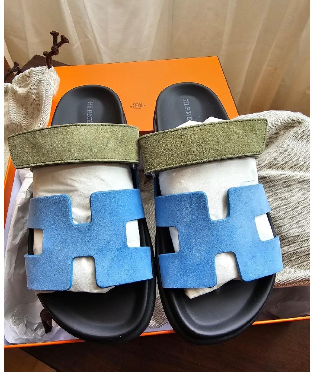 HERMES Голубые замшевые шлепанцы, фото 2