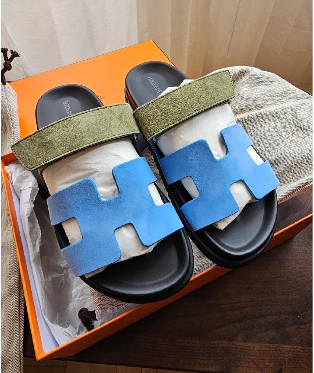 HERMES Голубые замшевые шлепанцы, фото 3