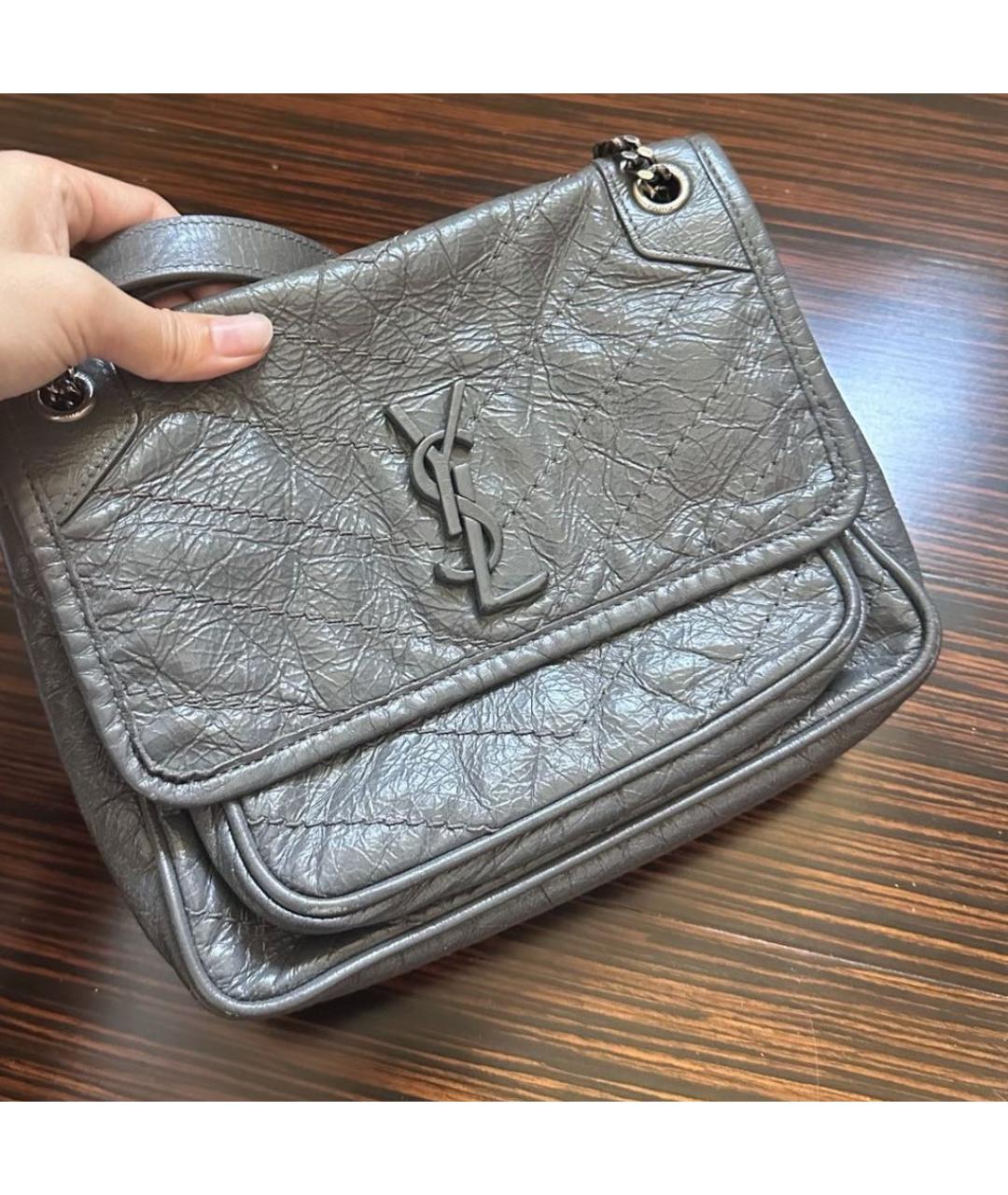 SAINT LAURENT Серая кожаная сумка через плечо, фото 6
