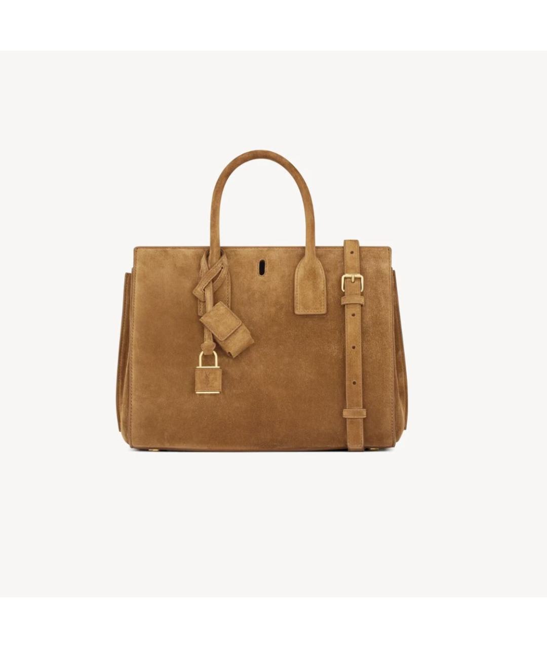 SAINT LAURENT Бежевая замшевая сумка тоут, фото 5