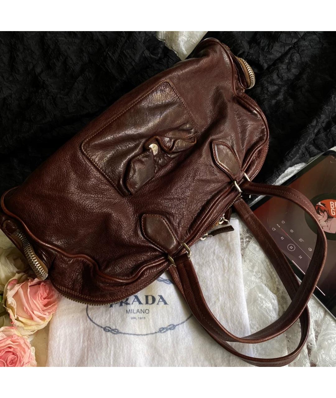 PRADA Коричневая кожаная сумка с короткими ручками, фото 7