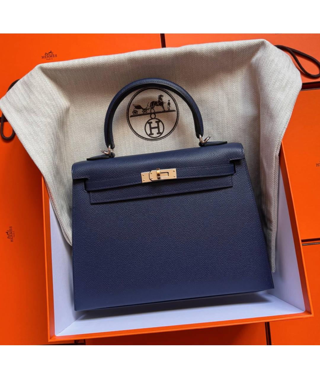 HERMES Синяя кожаная сумка с короткими ручками, фото 1