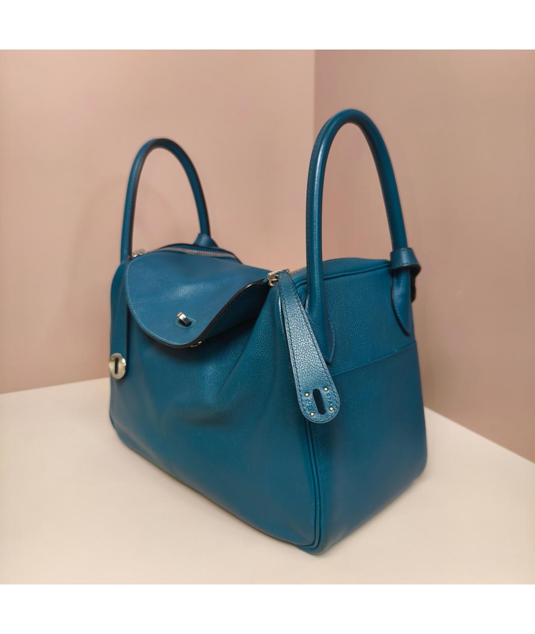 HERMES Бирюзовая кожаная сумка с короткими ручками, фото 4