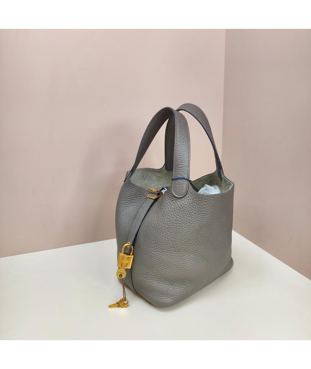 HERMES Серая кожаная сумка с короткими ручками, фото 9