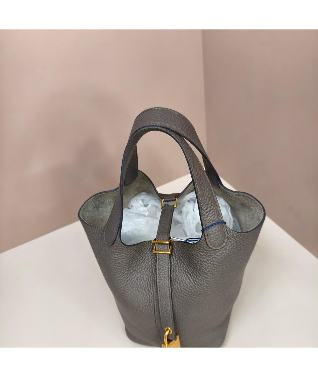 HERMES Серая кожаная сумка с короткими ручками, фото 7