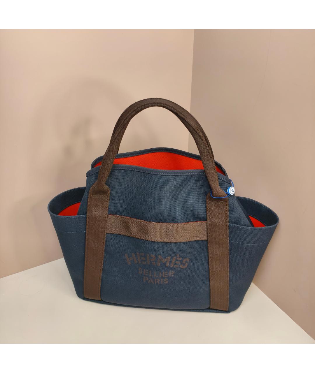 HERMES Темно-синяя тканевая сумка с короткими ручками, фото 10