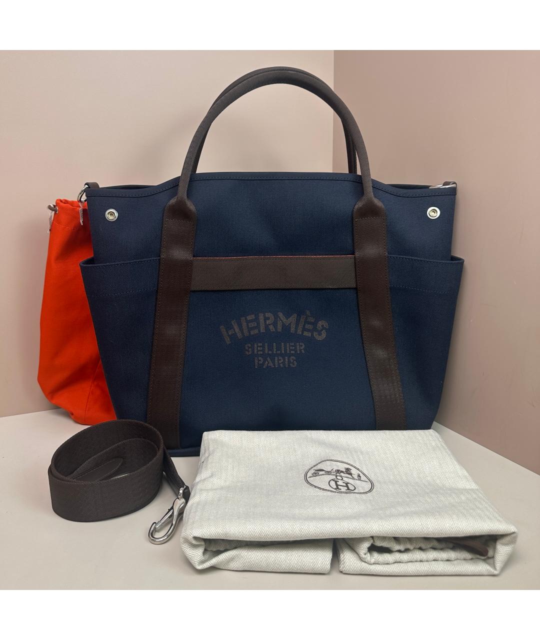 HERMES Темно-синяя тканевая сумка с короткими ручками, фото 10