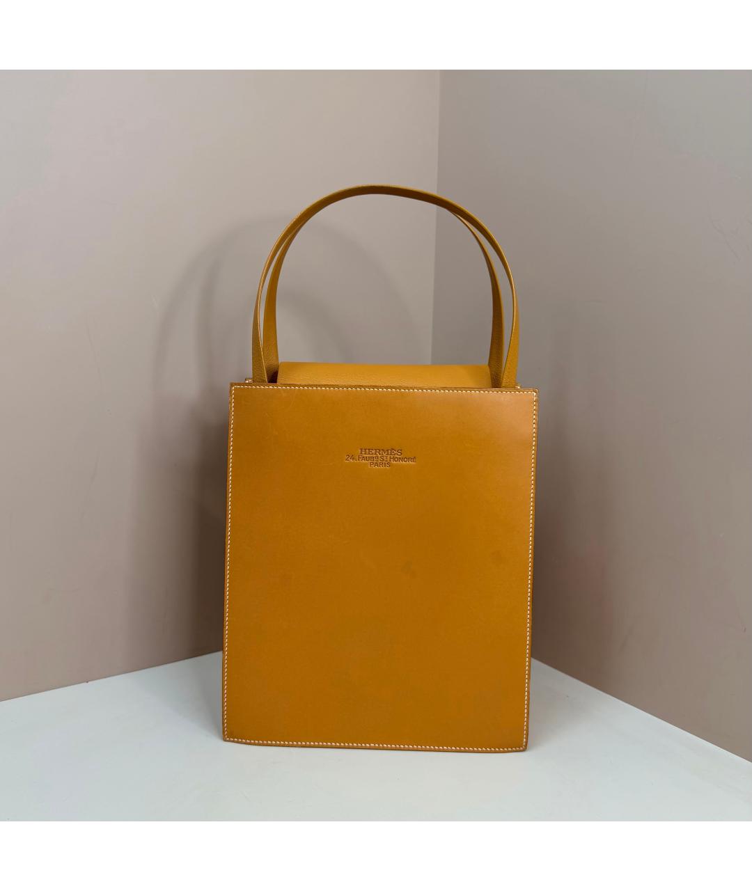 HERMES Горчичная кожаная сумка с короткими ручками, фото 5