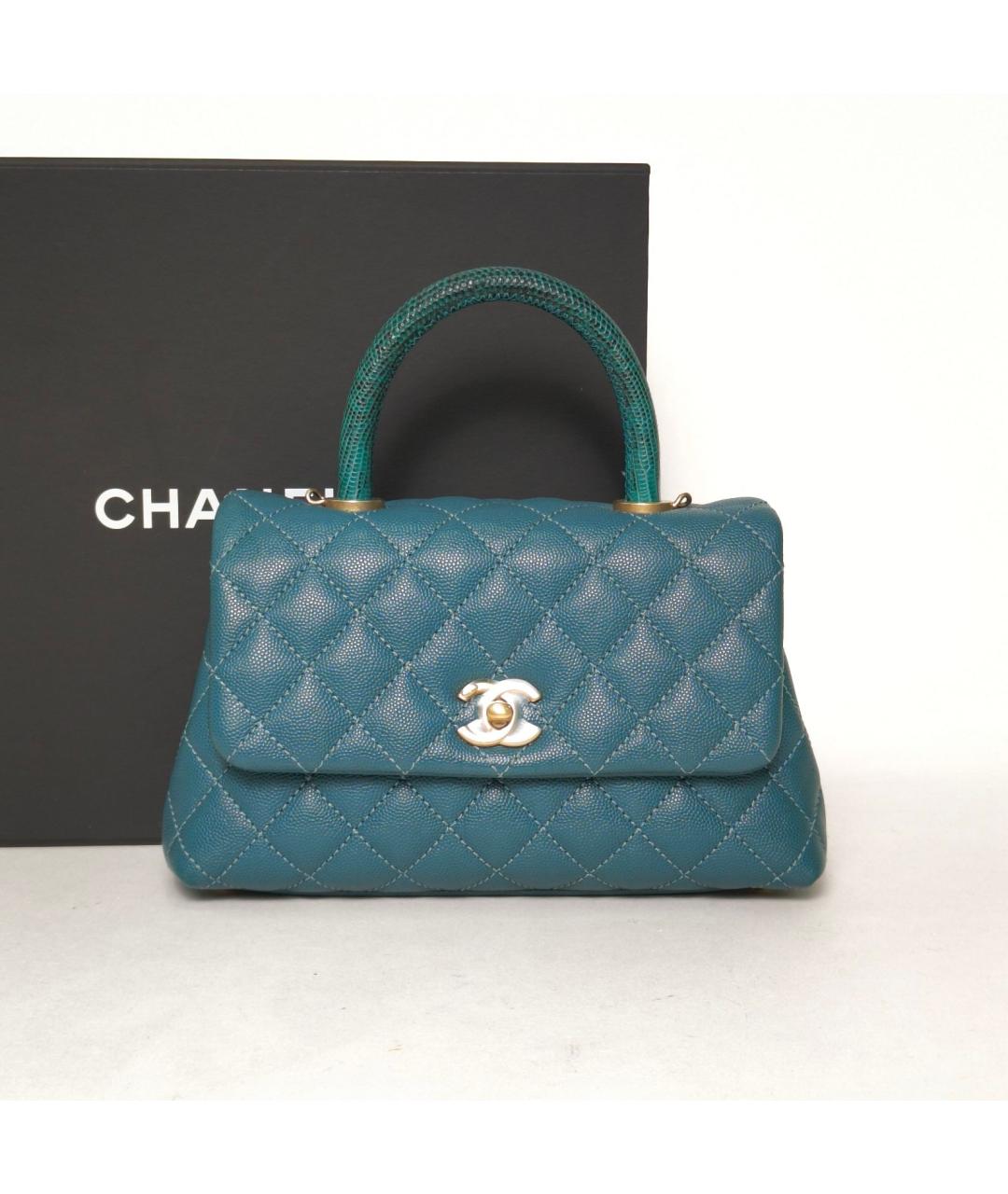 CHANEL Бирюзовая сумка с короткими ручками из экзотической кожи, фото 9