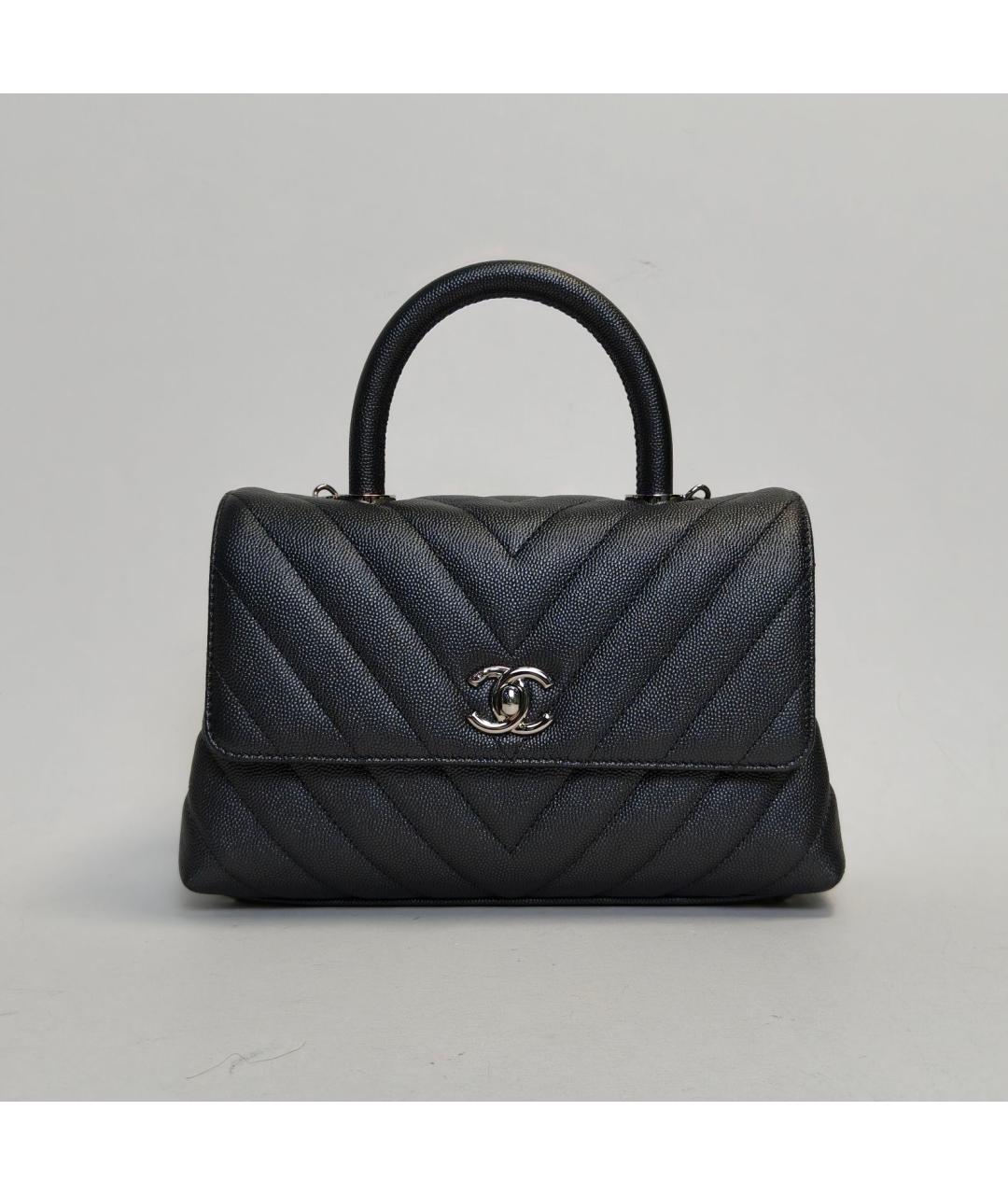 CHANEL Антрацитовая кожаная сумка с короткими ручками, фото 9