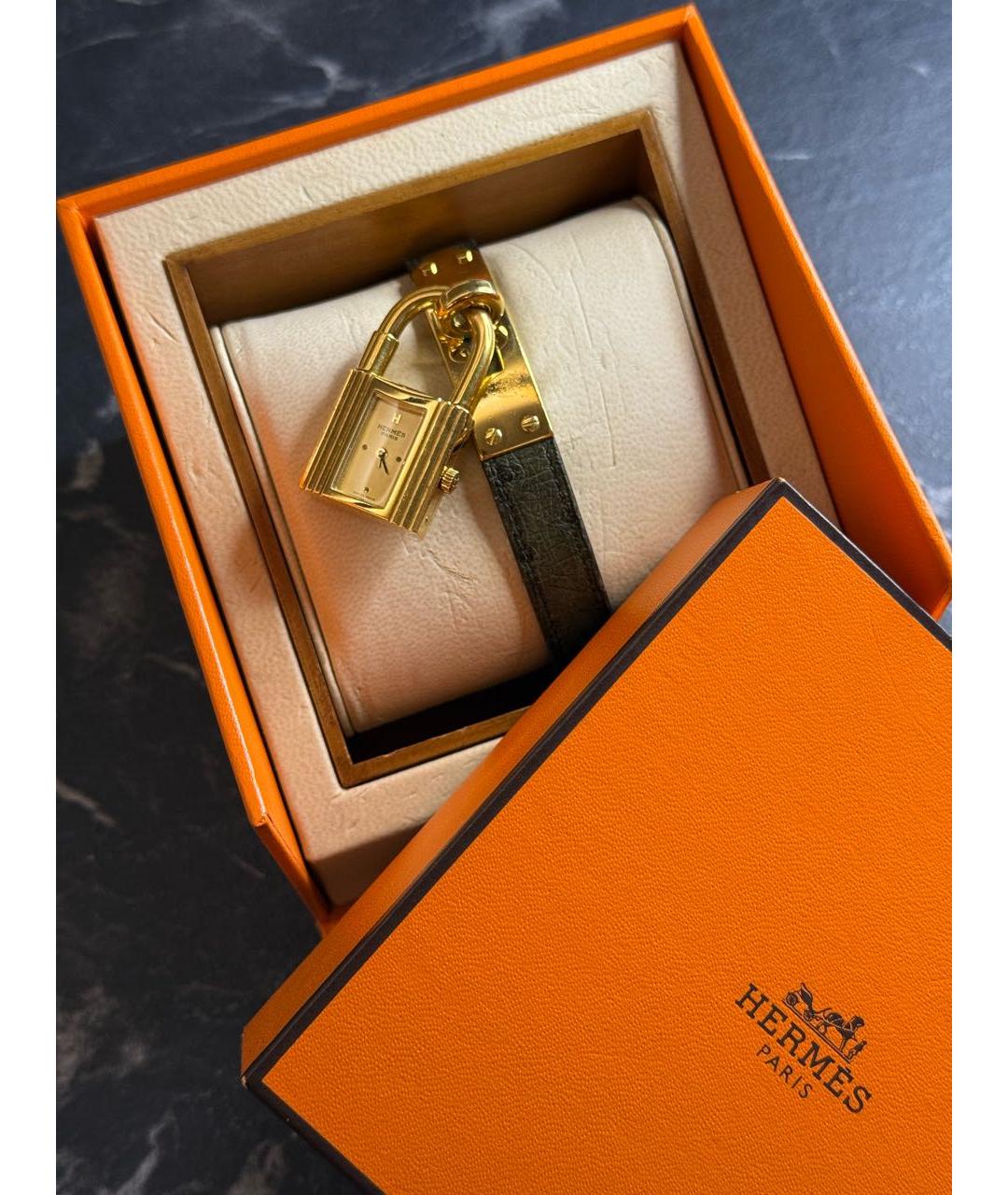 HERMES Хаки позолоченные часы, фото 5