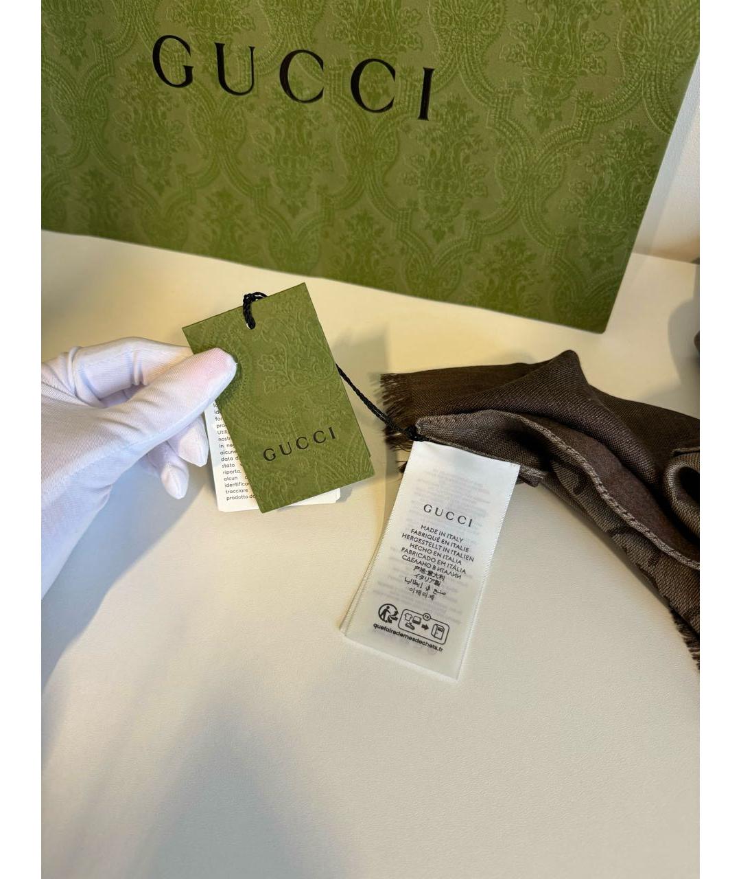 GUCCI Коричневый шерстяной шарф, фото 7