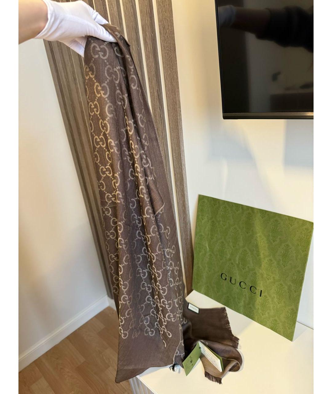 GUCCI Коричневый шерстяной шарф, фото 3
