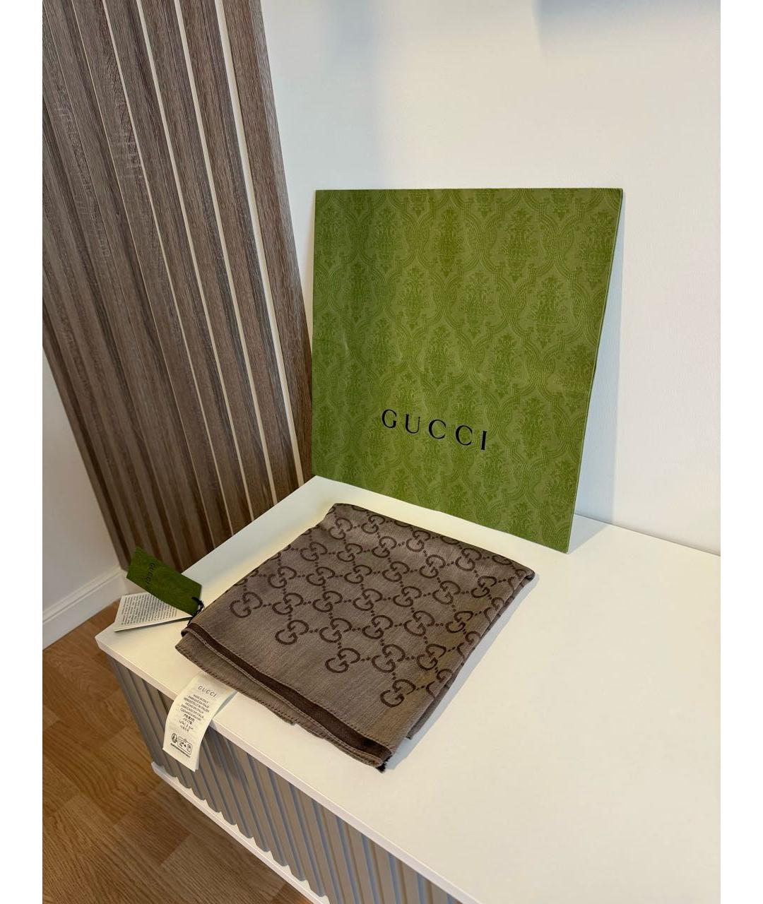 GUCCI Коричневый шерстяной шарф, фото 4