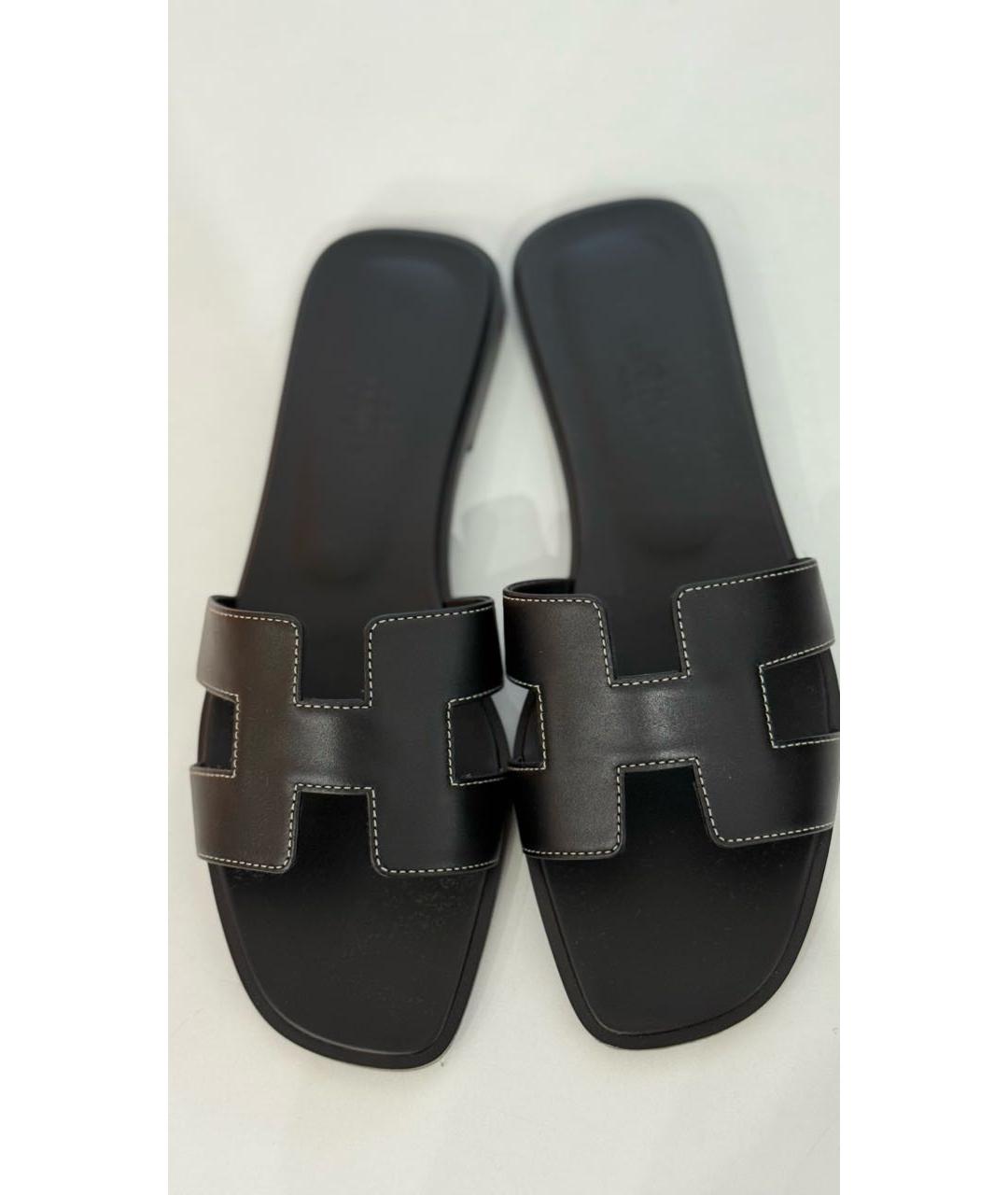 HERMES Черные кожаные шлепанцы, фото 2