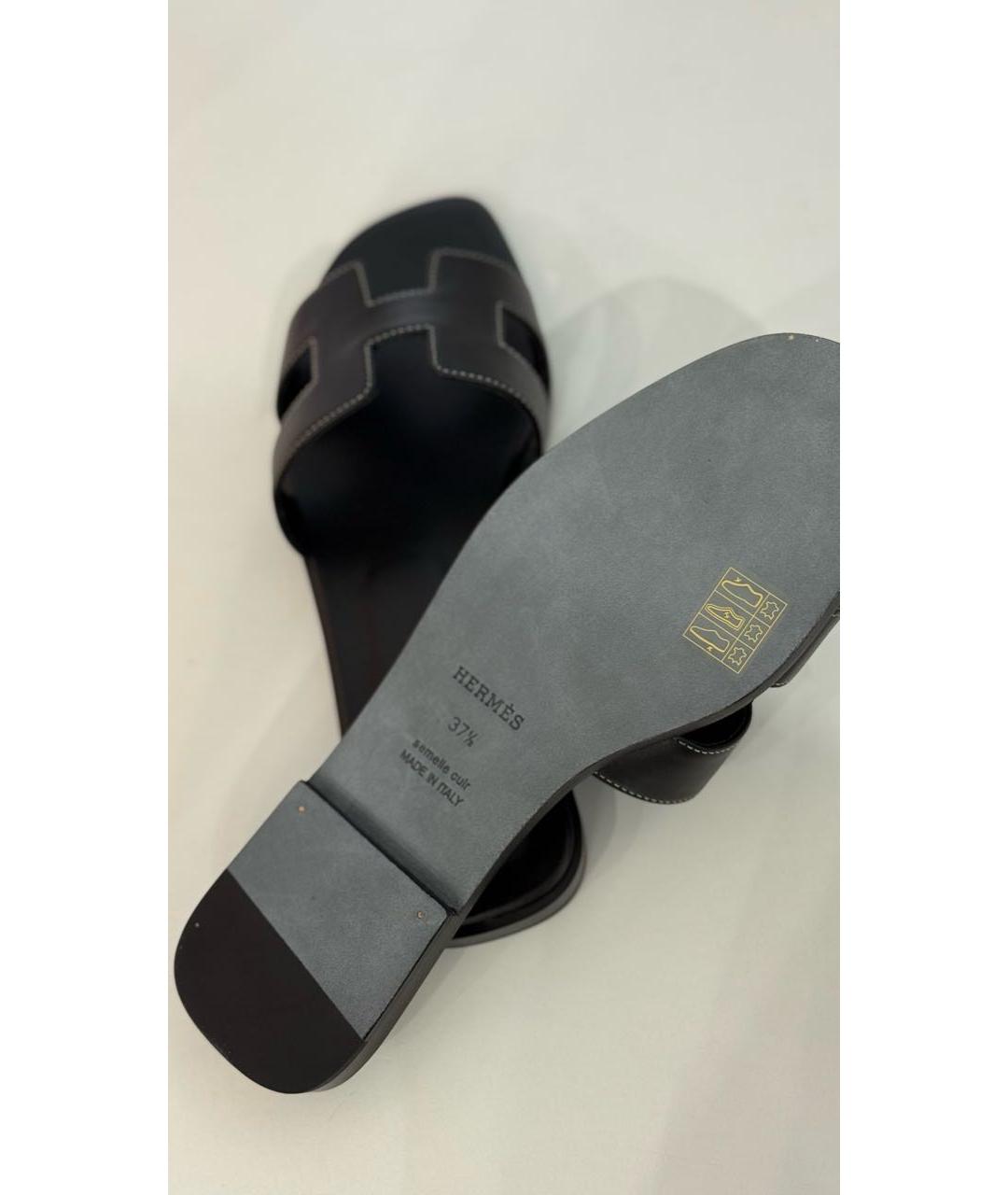 HERMES Черные кожаные шлепанцы, фото 5