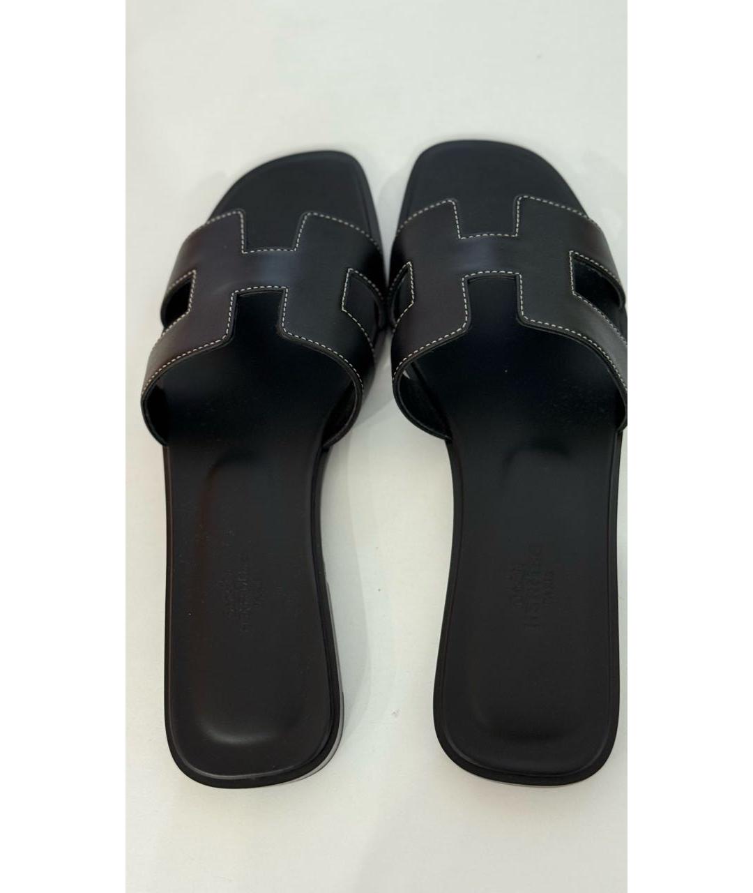 HERMES Черные кожаные шлепанцы, фото 4