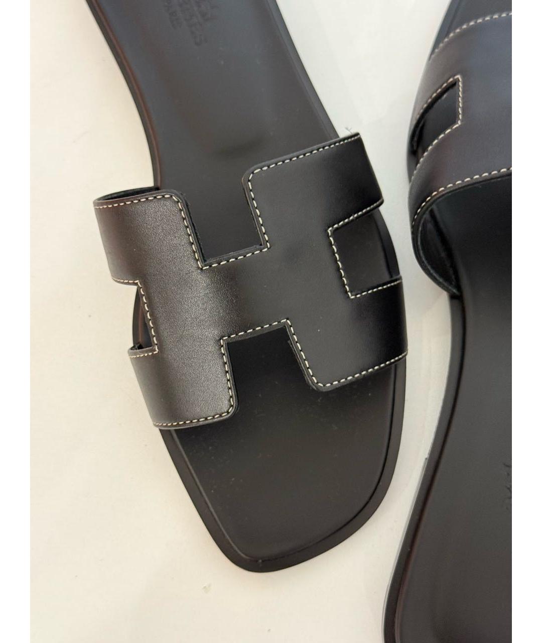 HERMES Черные кожаные шлепанцы, фото 6