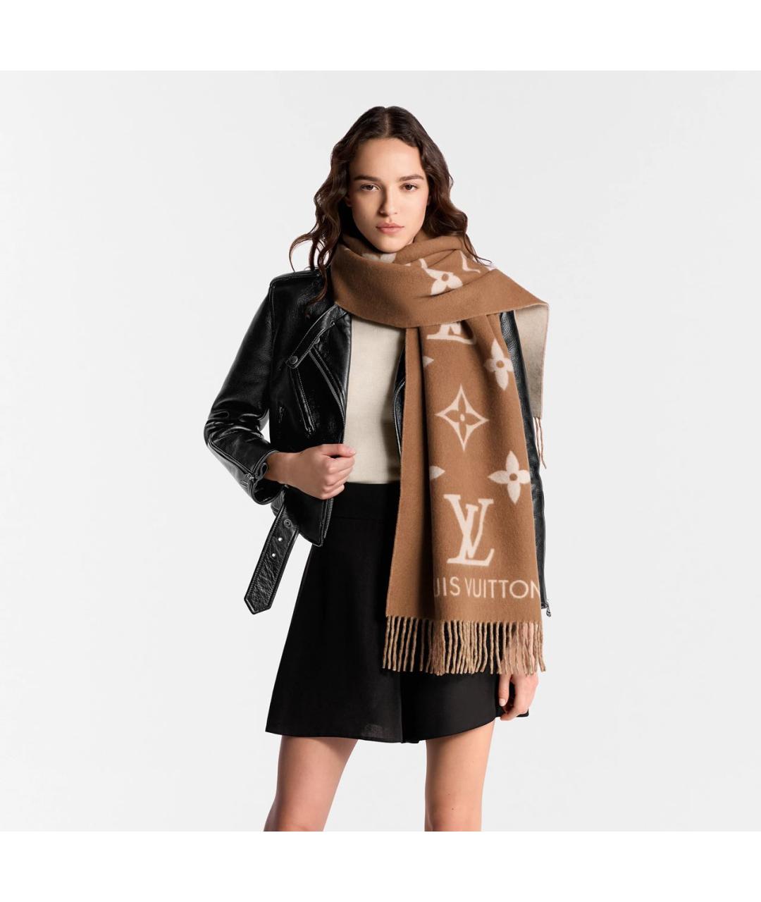 LOUIS VUITTON Коричневый кашемировый шарф, фото 3