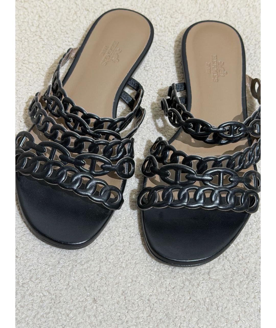 HERMES Черные кожаные шлепанцы, фото 5