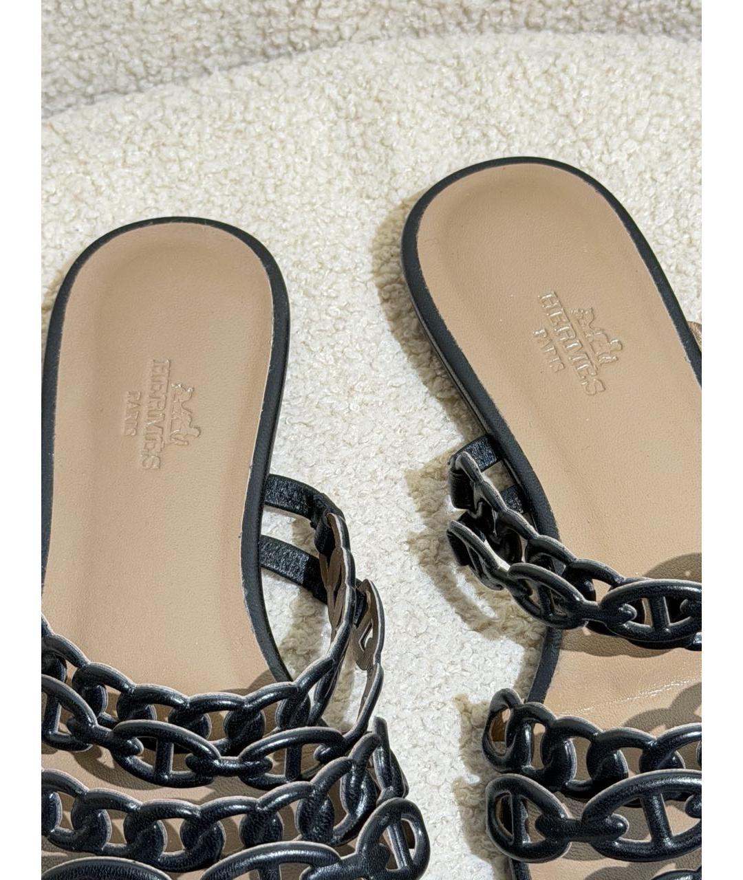 HERMES Черные кожаные шлепанцы, фото 3