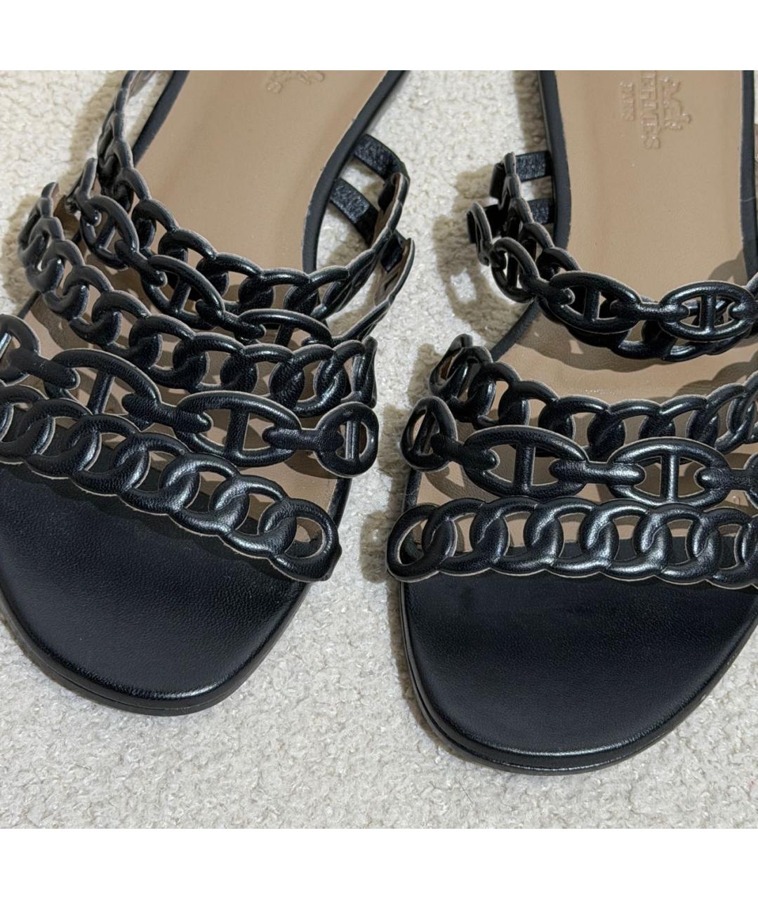 HERMES Черные кожаные шлепанцы, фото 6