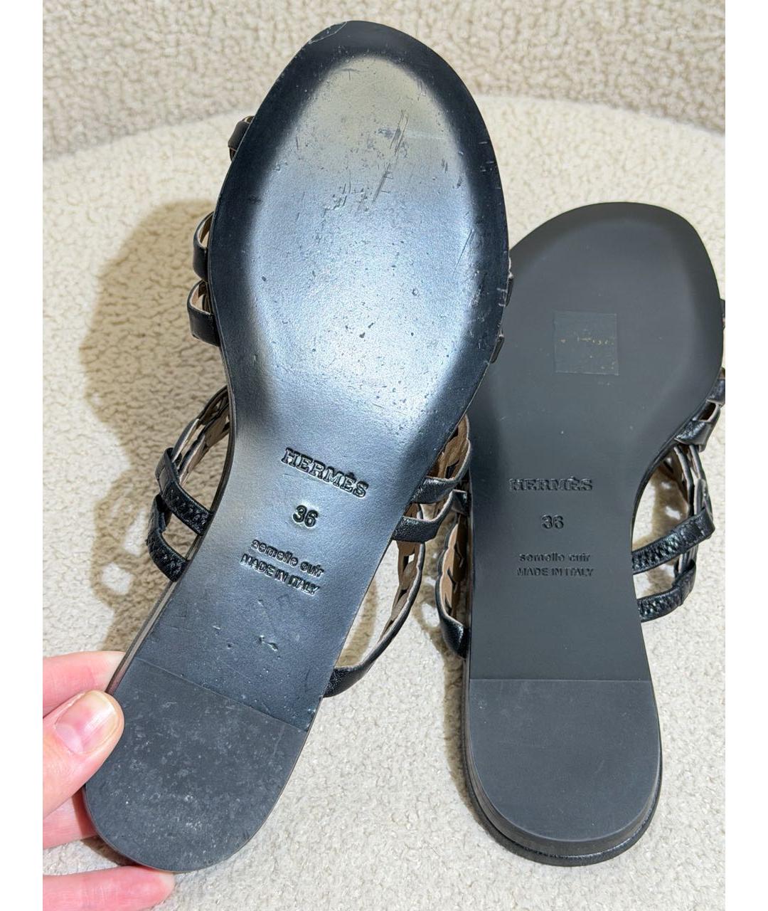 HERMES Черные кожаные шлепанцы, фото 7