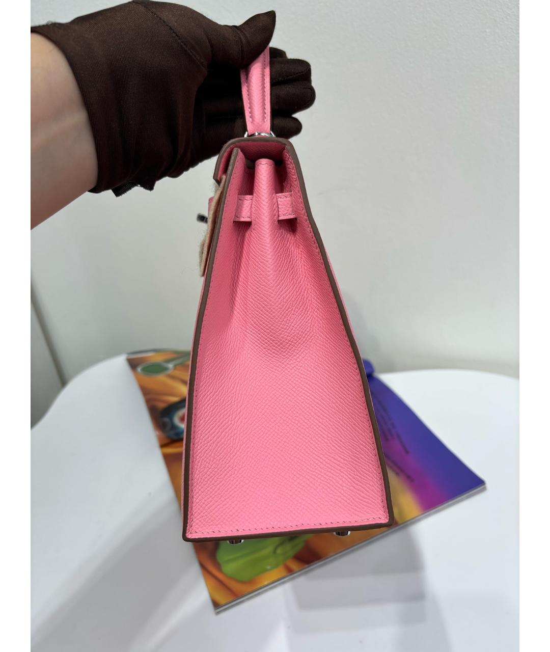 HERMES Розовая кожаная сумка с короткими ручками, фото 5