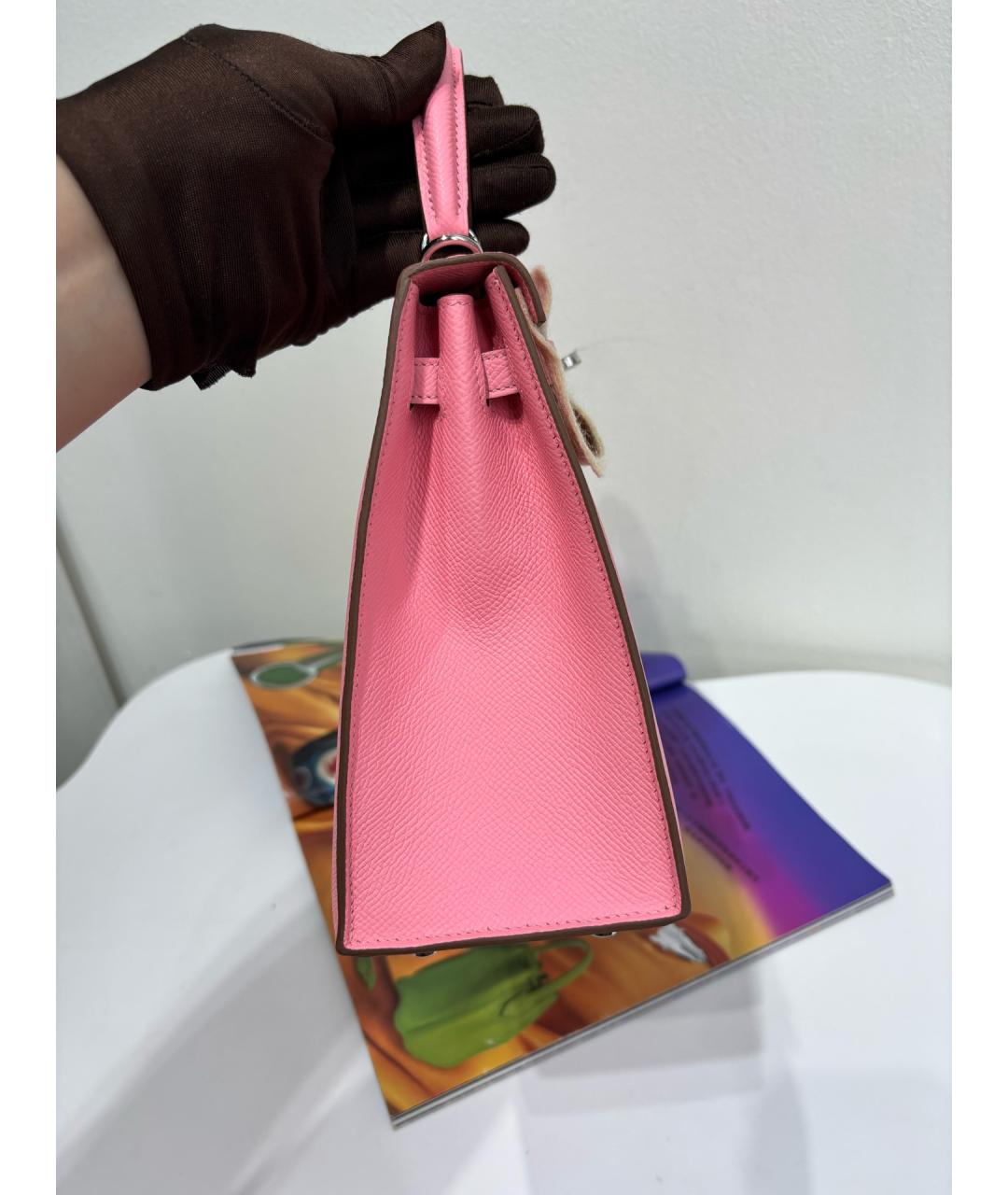 HERMES Розовая кожаная сумка с короткими ручками, фото 7