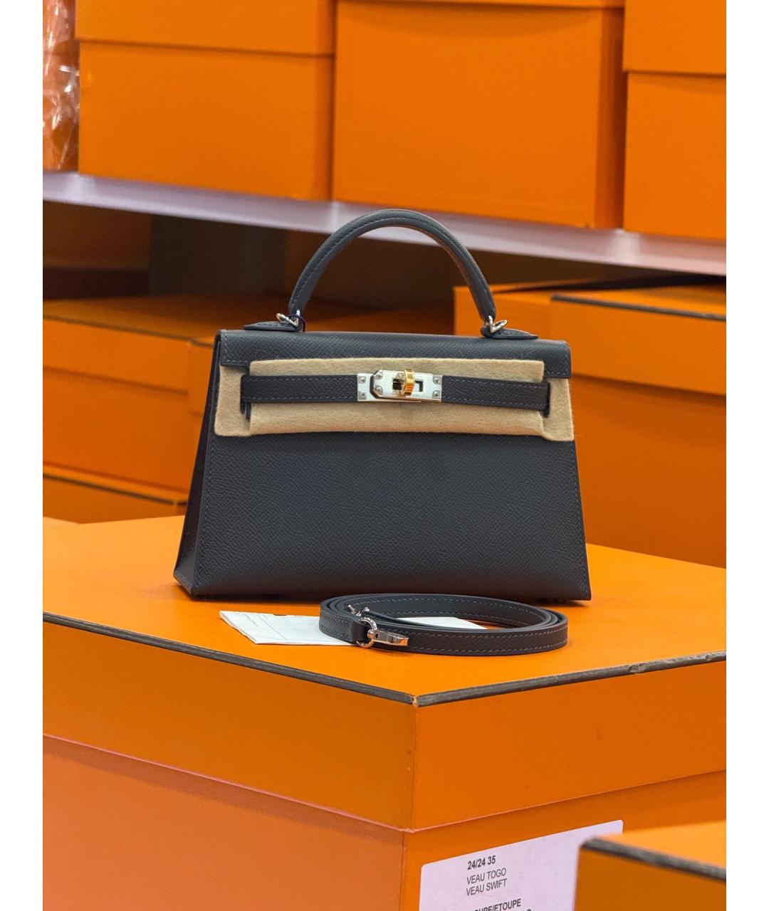 HERMES Серая кожаная сумка с короткими ручками, фото 10