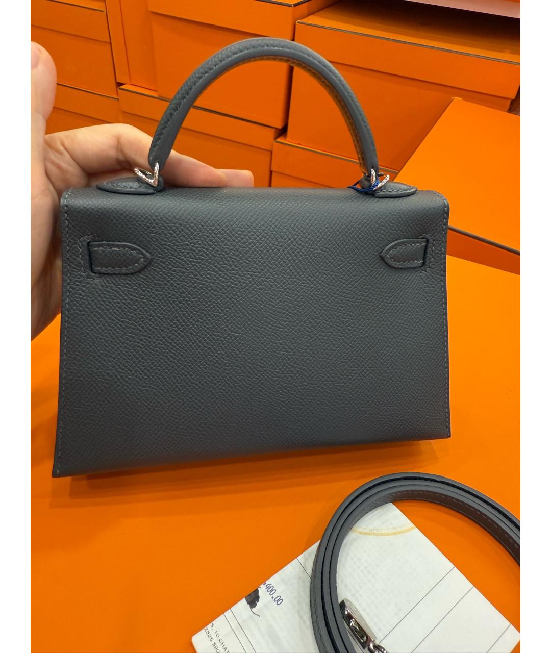 HERMES Серая кожаная сумка с короткими ручками, фото 3