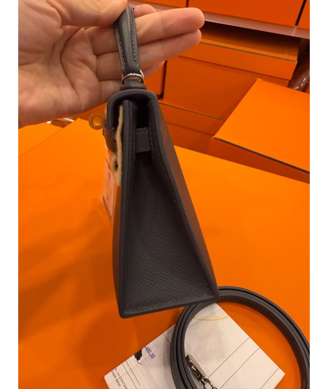 HERMES Серая кожаная сумка с короткими ручками, фото 4