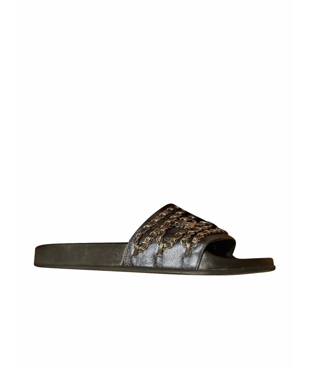 CHANEL Темно-синие кожаные шлепанцы, фото 1