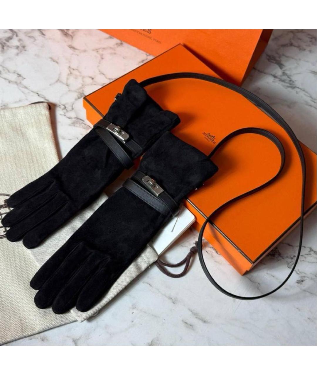 HERMES Черные кожаные перчатки, фото 3