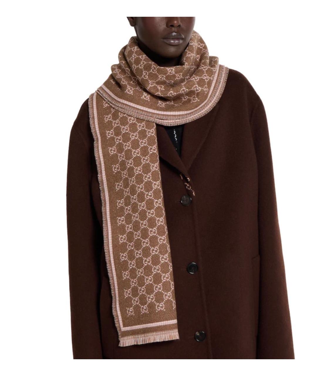 GUCCI Коричневый шерстяной шарф, фото 3