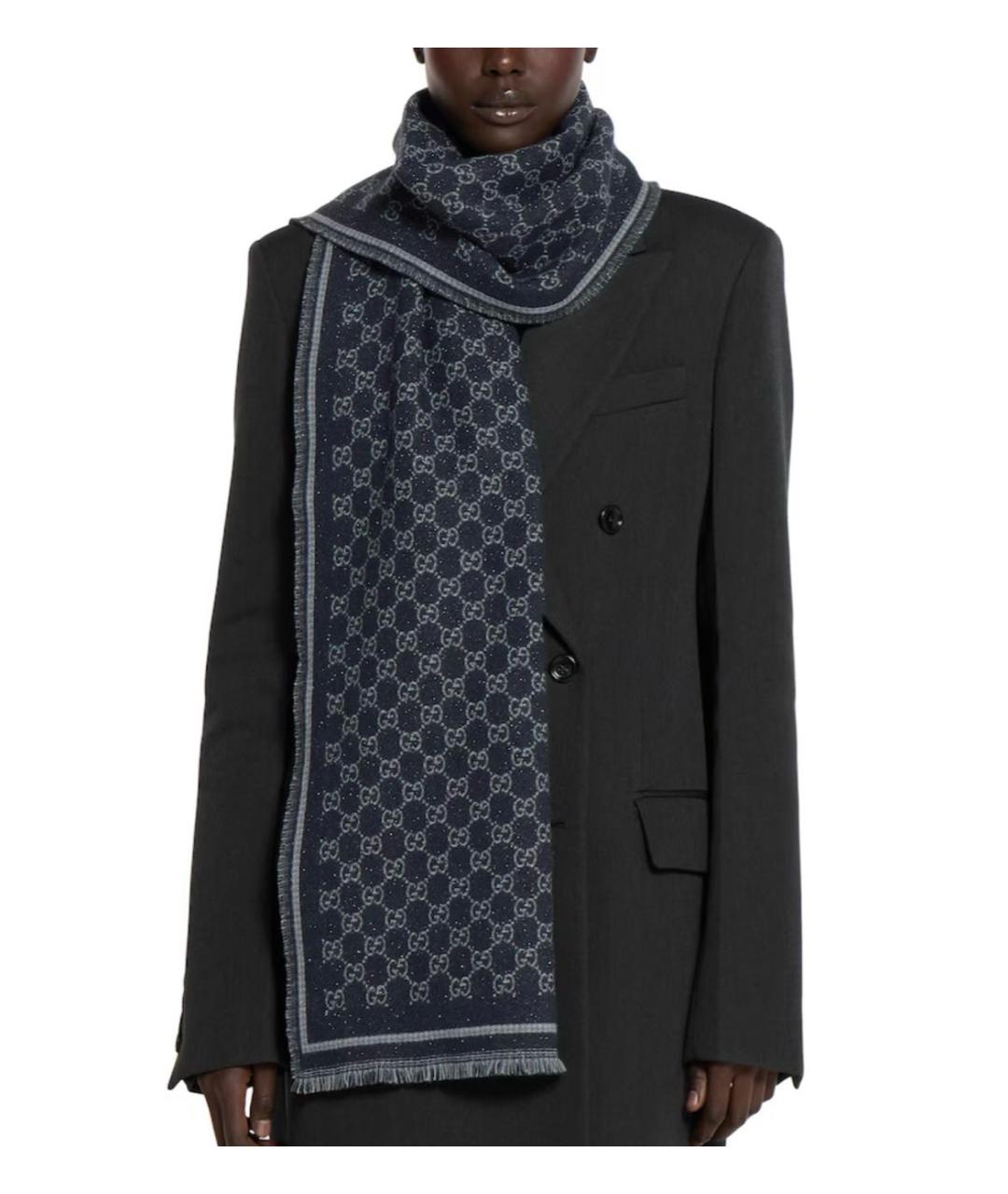 GUCCI Темно-синий шерстяной шарф, фото 3