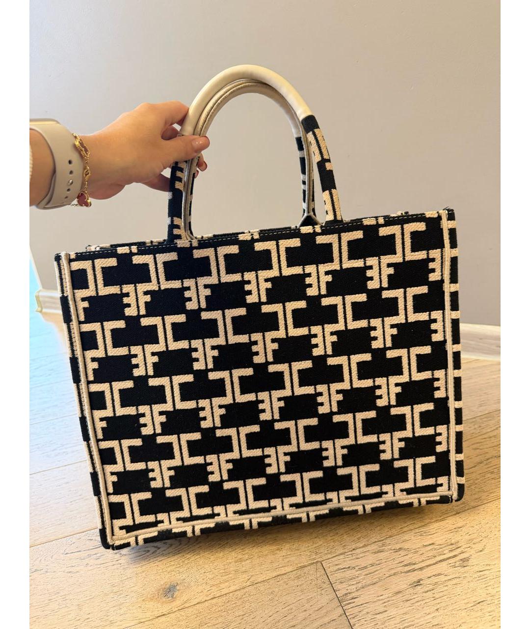 ELISABETTA FRANCHI Черная жаккардовая сумка тоут, фото 3