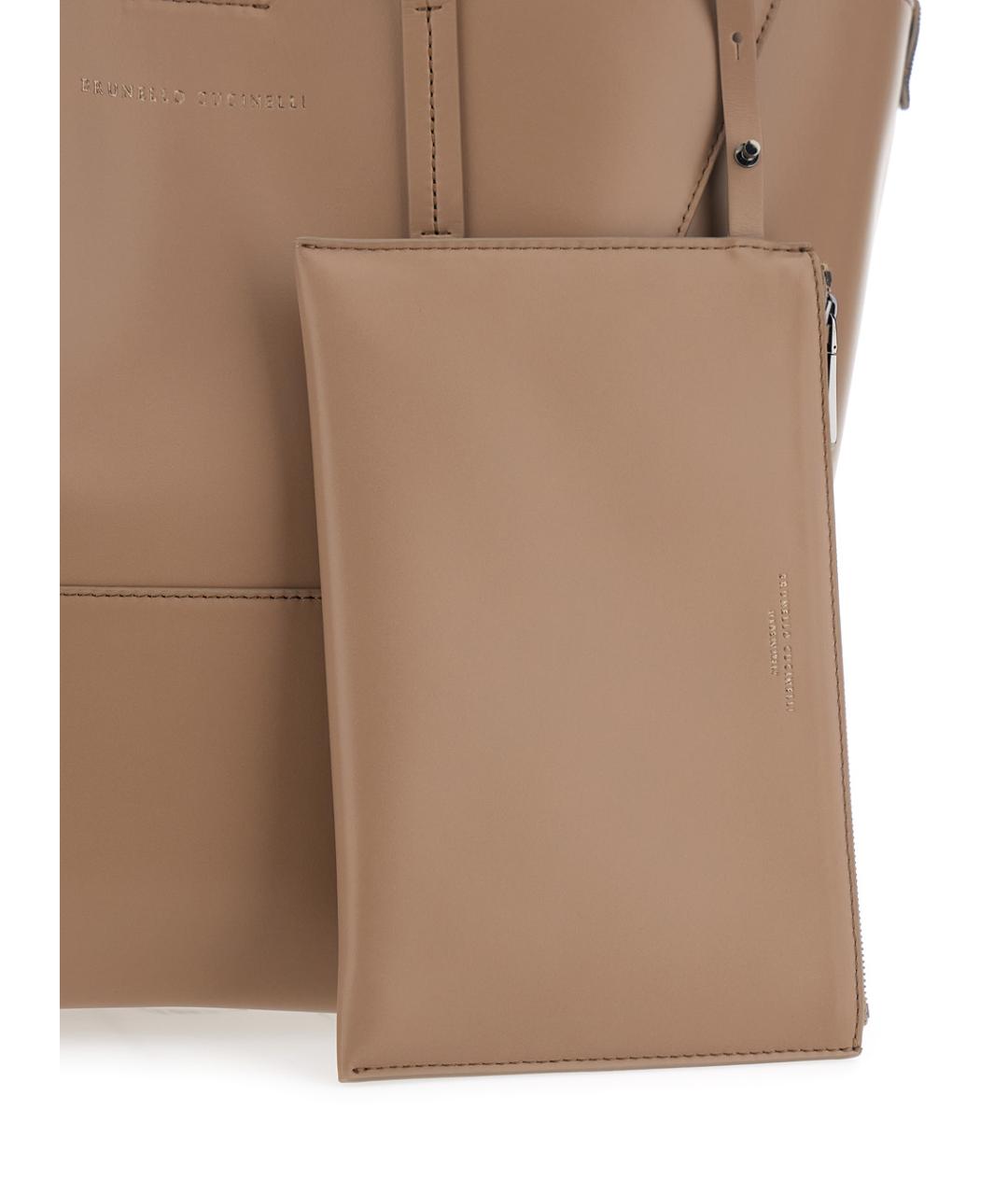 BRUNELLO CUCINELLI Бежевая кожаная сумка тоут, фото 3