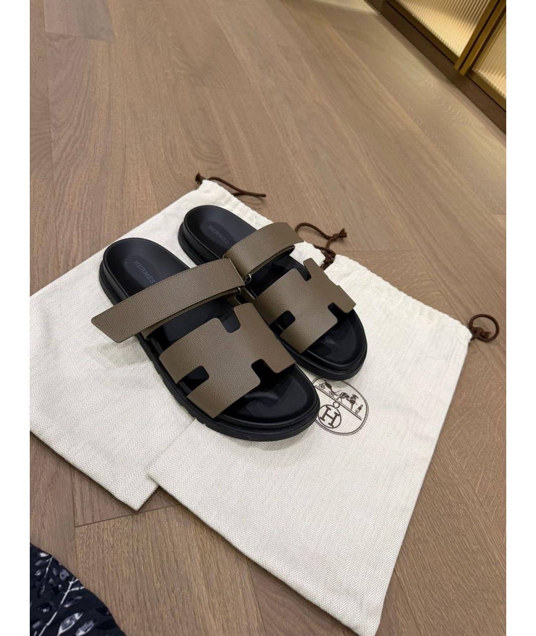 HERMES Антрацитовые кожаные сандалии, фото 6
