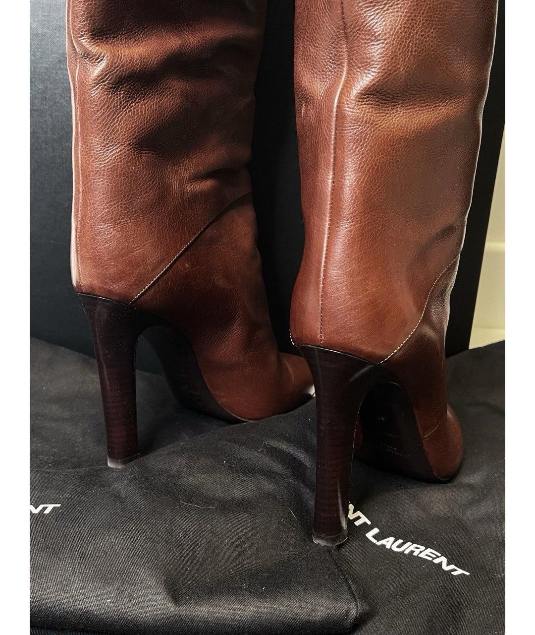 SAINT LAURENT Коричневые кожаные ботфорты, фото 3