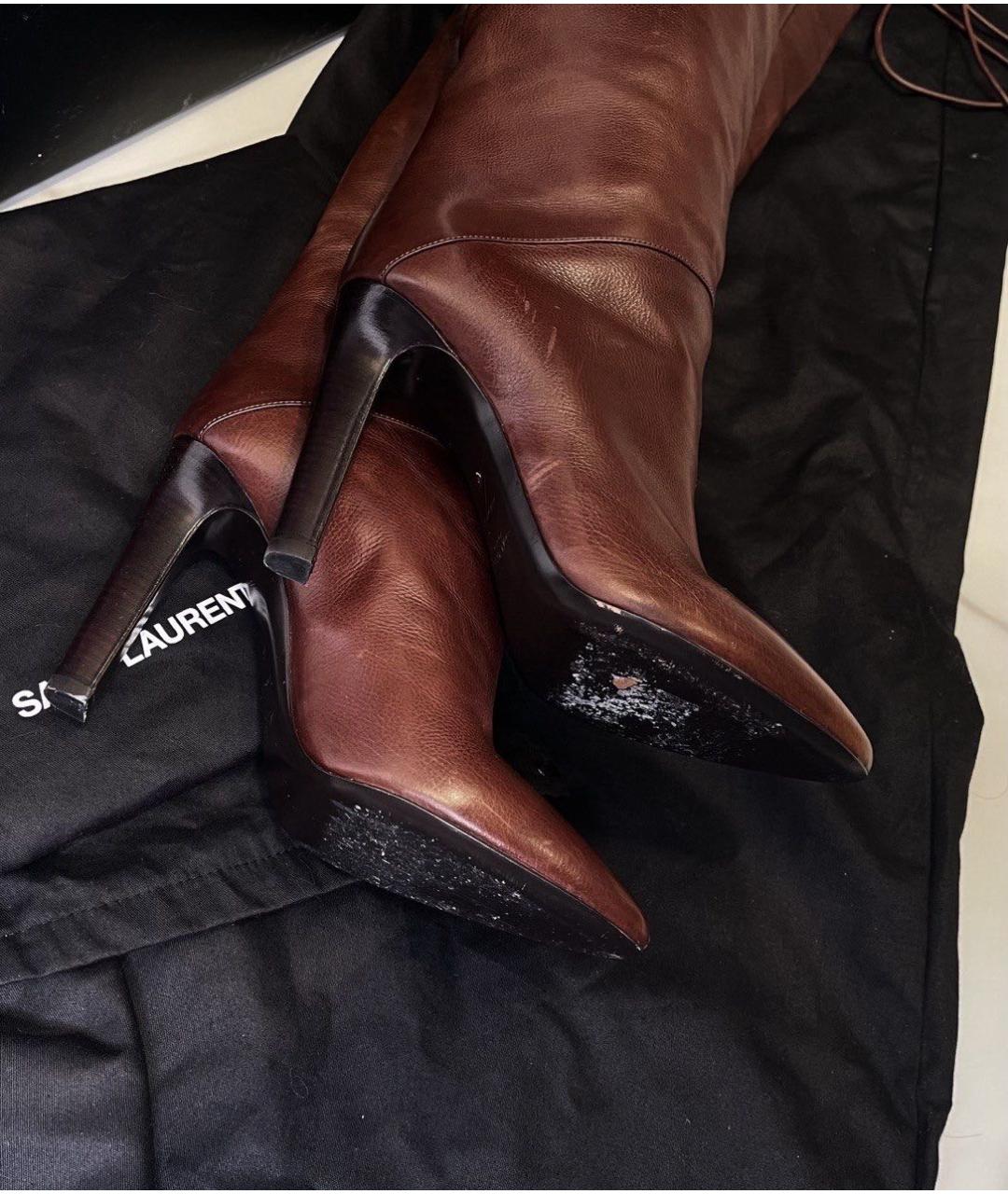 SAINT LAURENT Коричневые кожаные ботфорты, фото 4