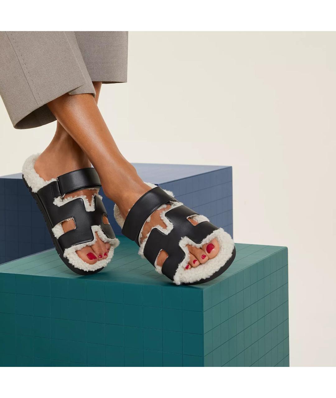 HERMES Черные кожаные шлепанцы, фото 5