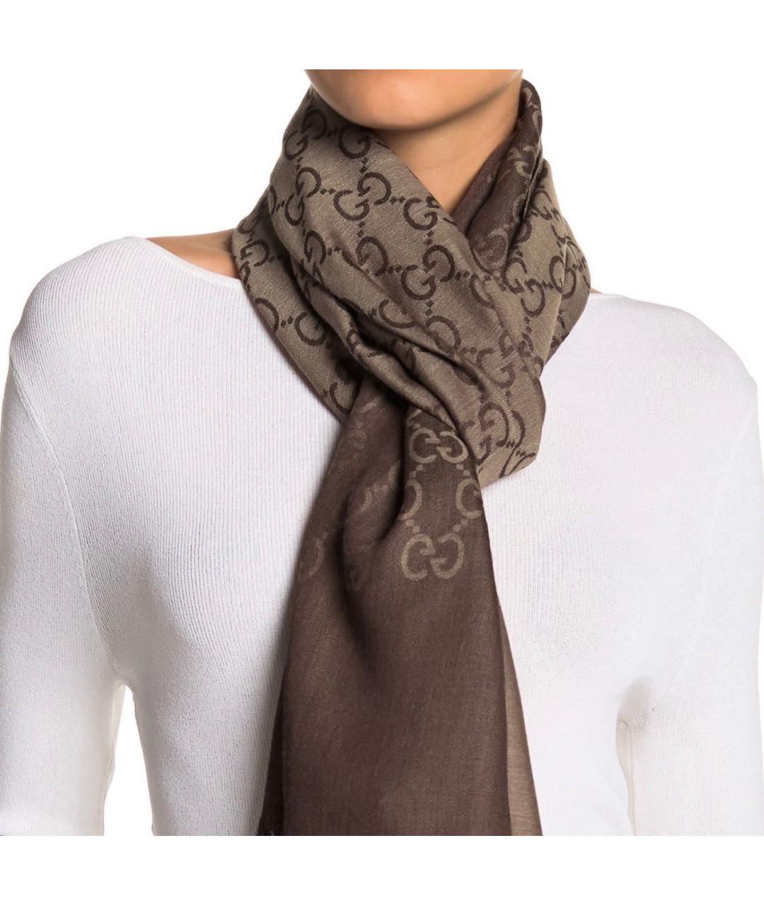 GUCCI Коричневый шерстяной шарф, фото 4
