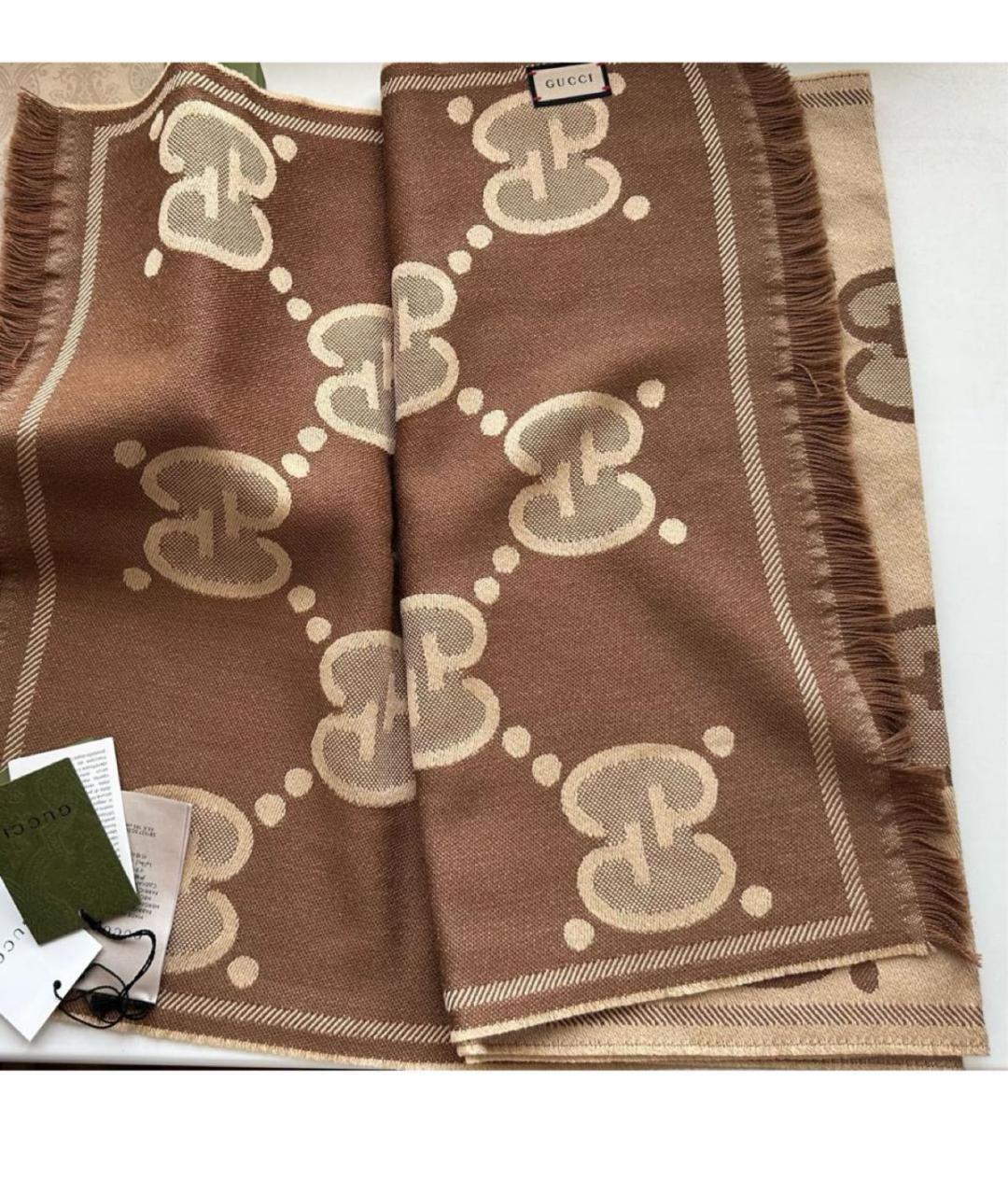 GUCCI Коричневый шерстяной шарф, фото 3